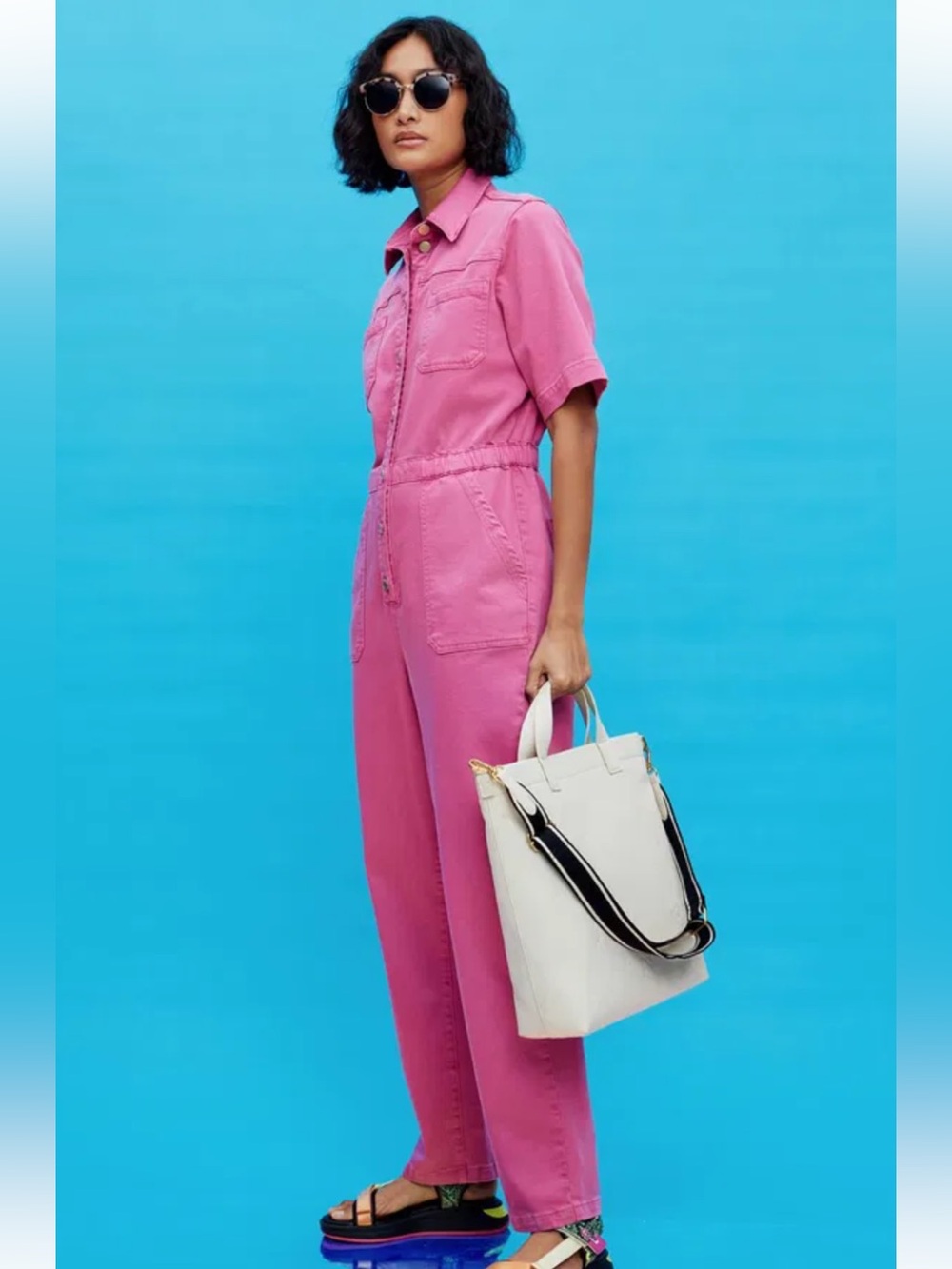 Oliver Bonas Bright Magenta Denim Button-Front Utility Jumpsuit Brand New